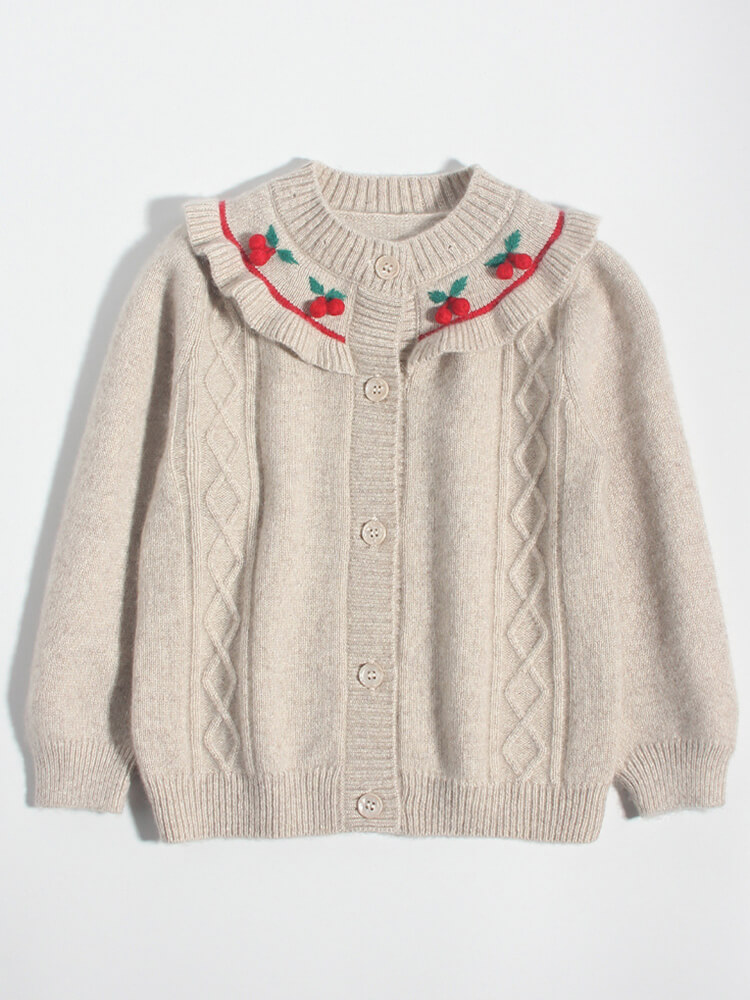 Ruffled Collar Cherry Embroidery Button-Front Cashmere Cardigan